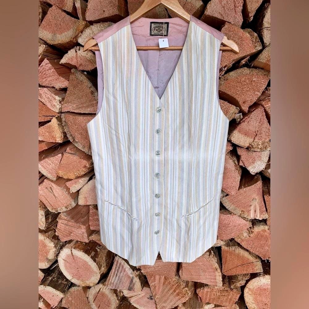 Runaway Bay Vintage Striped Linen Blend Vest Beige Tan Button Front Waistcoat M